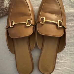 J. Crew Tan Leather Backless Loafers with Gold Buckle
